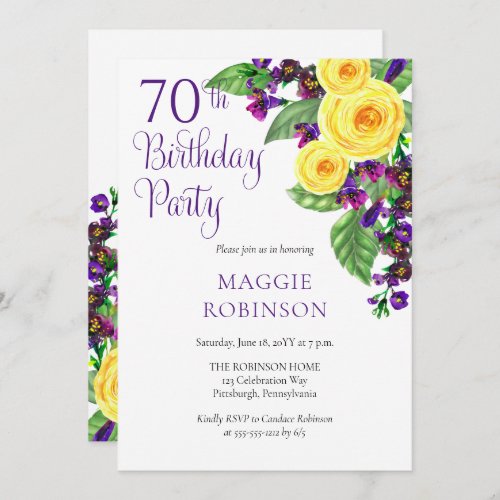 Yellow Roses Violet 70th Wedding Birthday Party Invitation