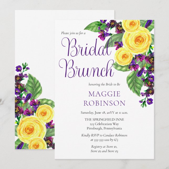 Yellow Roses | Violets Boho Floral Bridal Brunch Invitation (Front/Back)