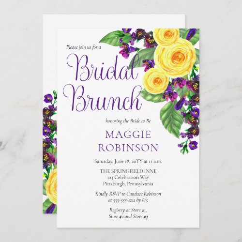 Yellow Roses  Violets Boho Floral Bridal Brunch Invitation