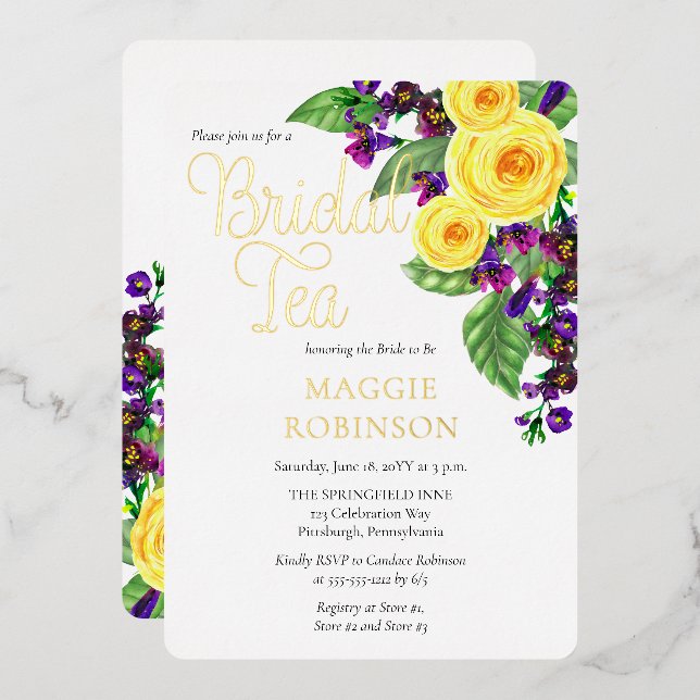 Yellow Roses | Violets Boho Floral Bridal Tea Foil Invitation (Front/Back)