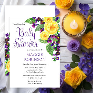 Yellow Roses Violets Boho Floral Girl Baby Shower Invitation