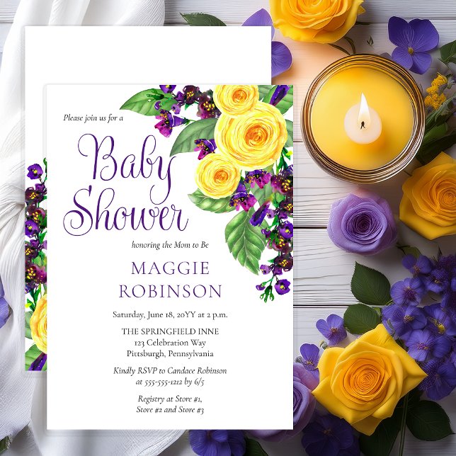 Yellow Roses |Violets Boho Floral Girl Baby Shower Invitation (Elegant Yellow Roses and Purple Violets Floral Baby Shower Invitation - Print | Digital)