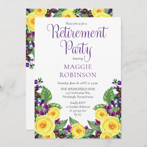 Yellow Roses Violets Boho Floral Retirement Party Invitation