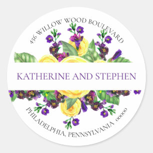 Yellow Roses Violets Boho Floral Return Address Classic Round Sticker