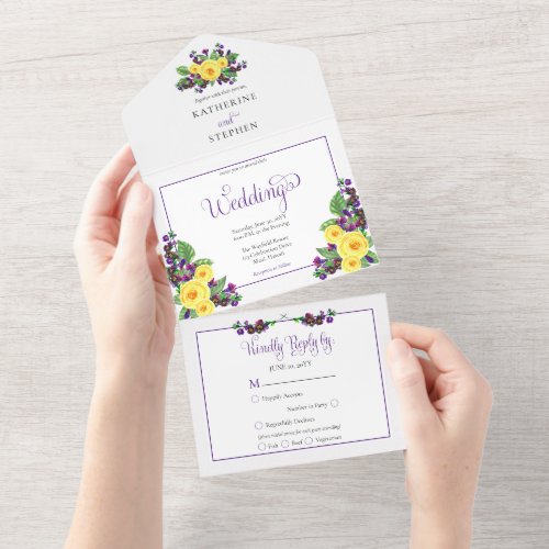 Yellow Roses  Violets Boho Floral Wedding All In One Invitation