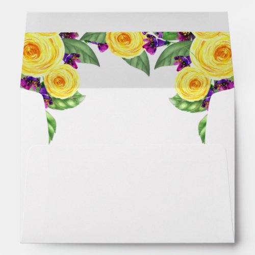 Yellow Roses  Violets Boho Floral Wedding Envelope