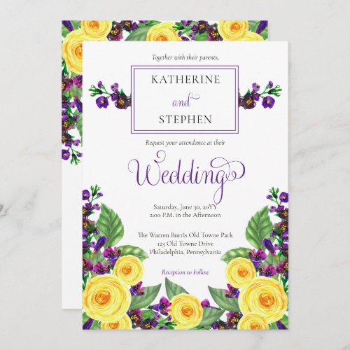 Yellow Roses Violets Boho Floral Wedding Invitation