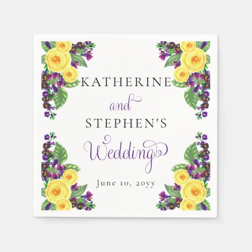 Yellow Roses  Violets Boho Floral Wedding Napkins