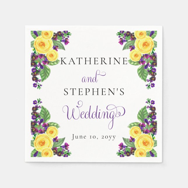 Yellow Roses | Violets Boho Floral Wedding Napkins (Front)