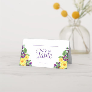 Yellow Roses Violets Boho Floral Wedding Place Card