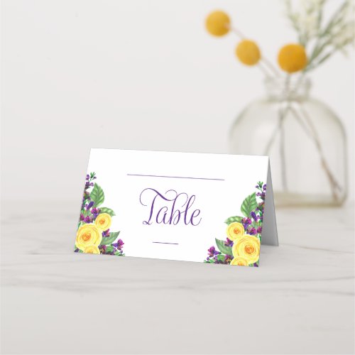 Yellow Roses  Violets Boho Floral Wedding Place Card