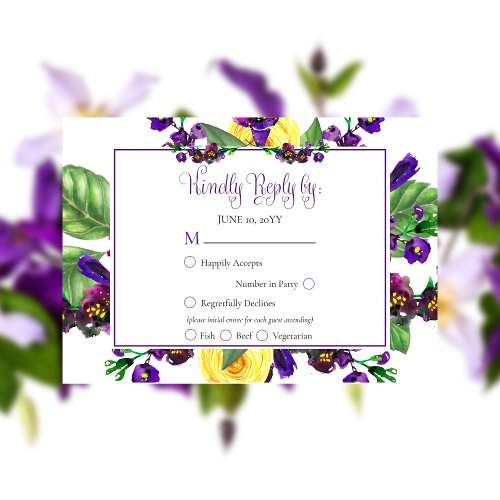 Yellow Roses Violets Boho Floral Wedding RSVP