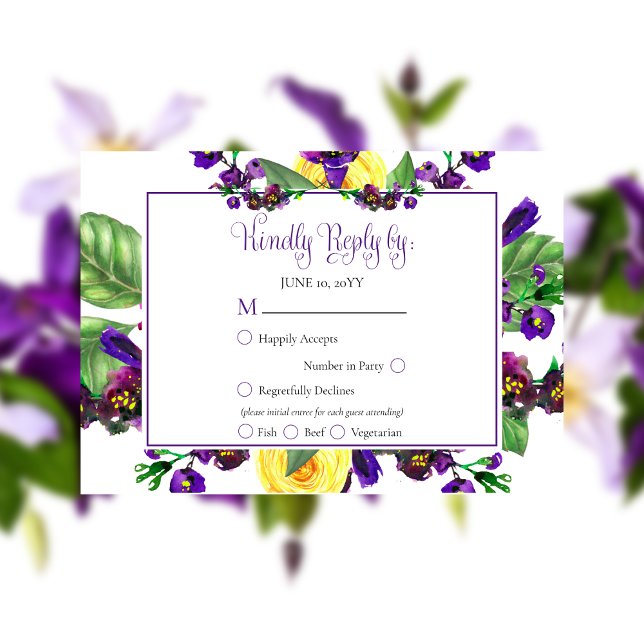 Yellow Roses |Violets Boho Floral Wedding RSVP (Yellow Roses and Purple Violets Boho Floral Wedding RSVP)