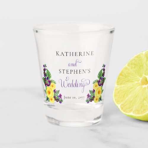 Yellow Roses  Violets Boho Floral Wedding Shot Glass