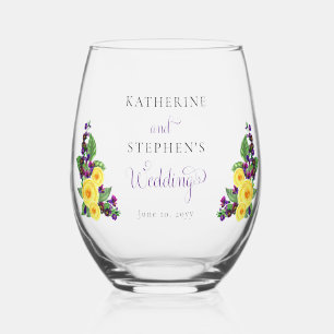 Yellow Roses Violets Boho Floral Wedding Stemless Wine Glass