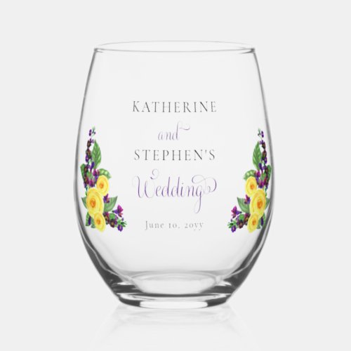Yellow Roses  Violets Boho Floral Wedding Stemless Wine Glass