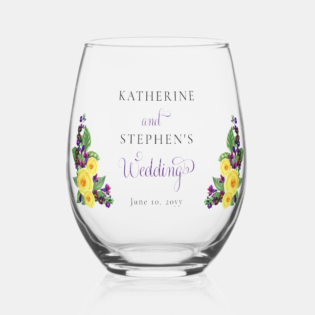 Yellow Roses | Violets Boho Floral Wedding Stemless Wine Glass (Front)
