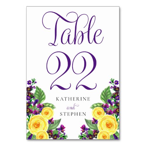 Yellow Roses  Violets Boho Floral Wedding  Table Number