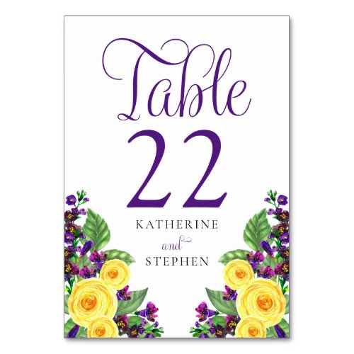 Yellow Roses  Violets Boho Floral Wedding  Table Number