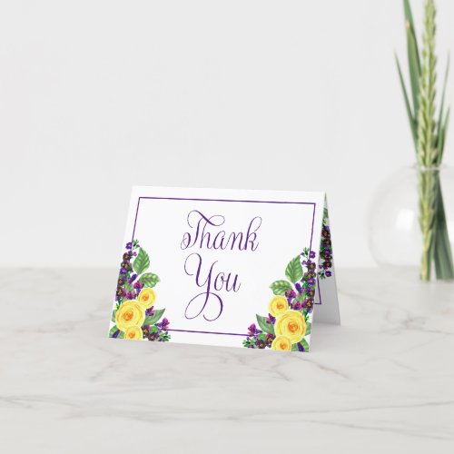 Yellow Roses  Violets Boho Floral Wedding  Thank You Card