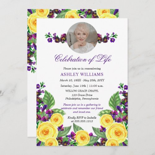 Yellow Roses Violets Floral Celebration of Life I Invitation