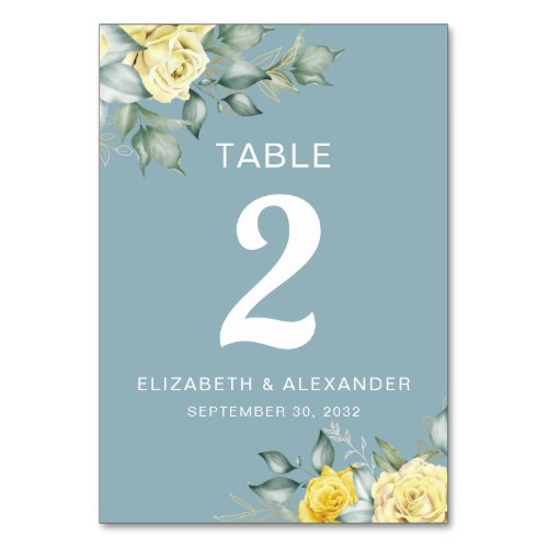 Yellow roses watercolor floral romantic wedding  t table number