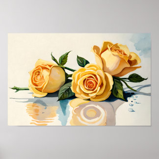 Yellow Roses Watercolor Flower Art Poster