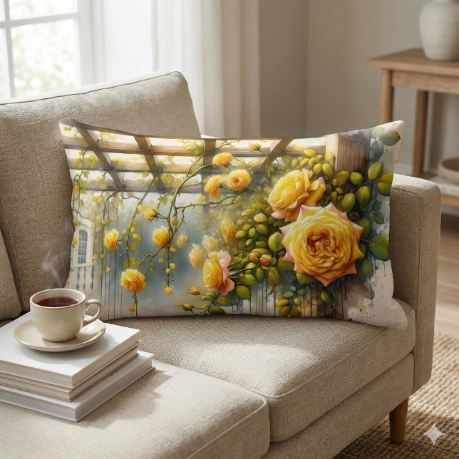 Yellow Roses Watercolor Garden Lumbar Pillow (Yellow Roses Watercolor Garden Lumbar Pillow Mockup A)