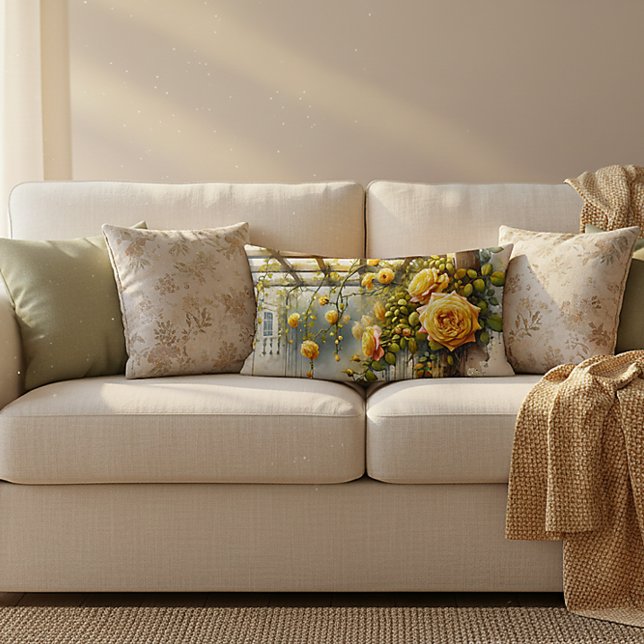 Yellow Roses Watercolor Garden Lumbar Pillow (Yellow Roses Watercolor Garden Lumbar Pillow)