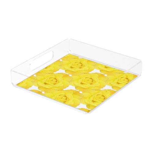 Yellow Roses White Gold Floral Flowers Patterns Acrylic Tray