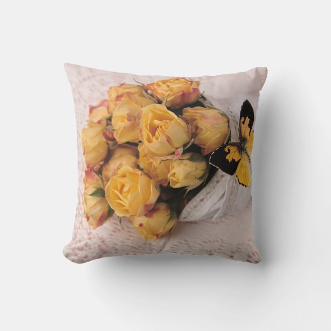 Yellow roses with butterfly throw pillow (Front)