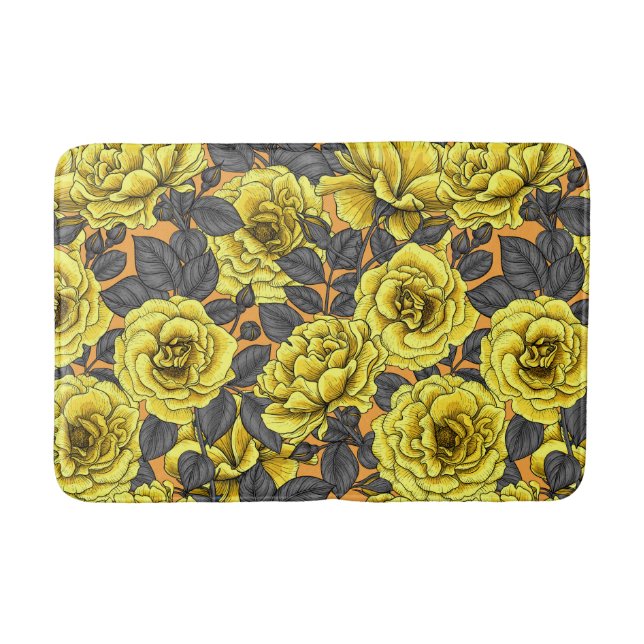 Yellow roses with gray leaves on orange bath mat (Front)