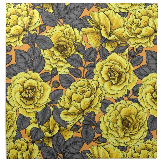 Yellow roses with gray leaves on orange cloth napkin (Front)
