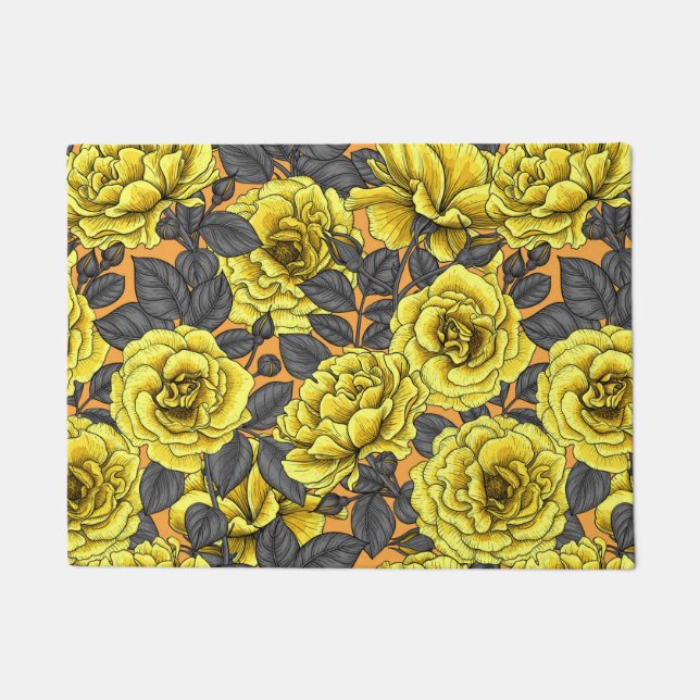 Yellow roses with gray leaves on orange doormat (Front)