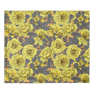 Yellow roses with gray leaves on orange duvet cover