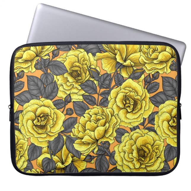 Yellow roses with gray leaves on orange laptop sleeve (Front)