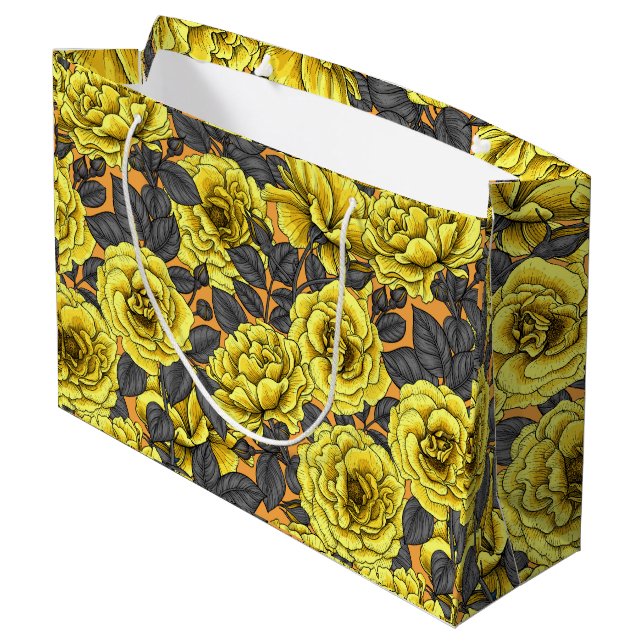 Yellow roses with gray leaves on orange large gift bag (Back Angled)
