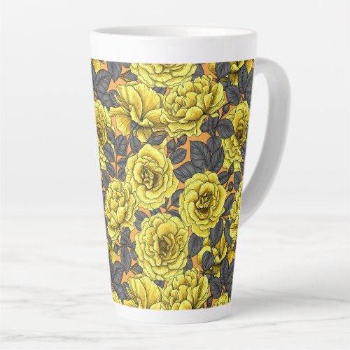 Yellow roses with gray leaves on orange latte mug