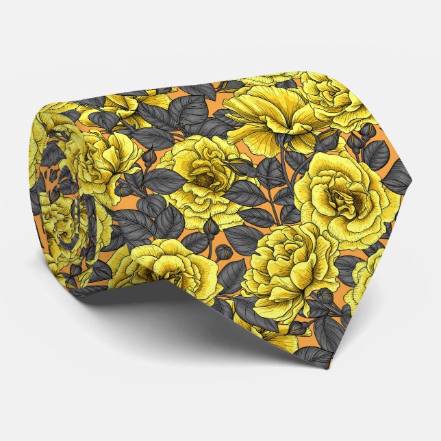 Yellow roses with gray leaves on orange neck tie (Rolled)