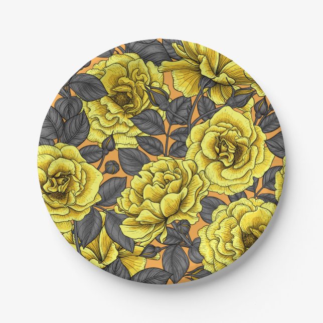 Yellow roses with gray leaves on orange paper plates (Front)