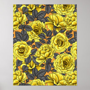 Yellow roses with gray leaves on orange poster