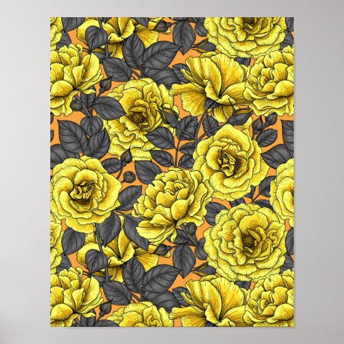 Yellow roses with gray leaves on orange poster