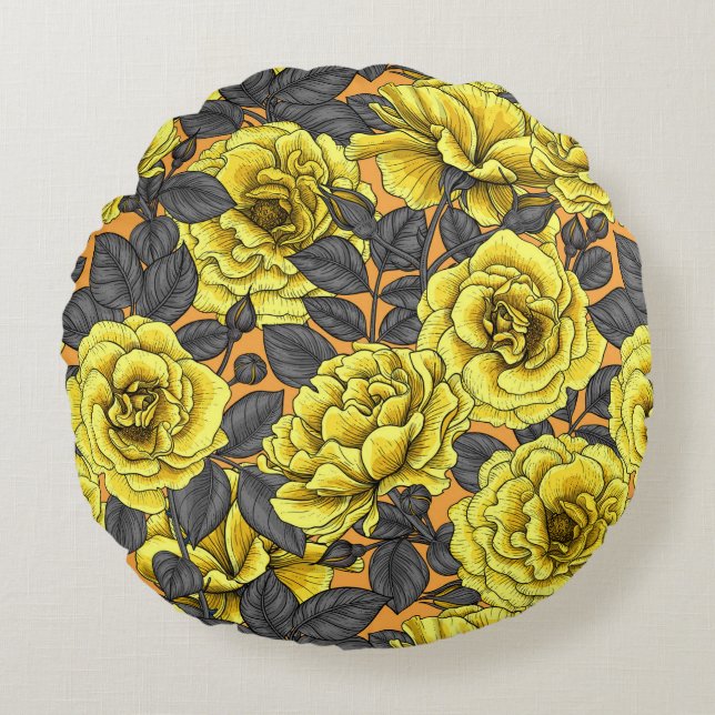 Yellow roses with gray leaves on orange round pillow (Front)