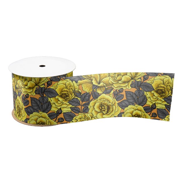 Yellow roses with gray leaves on orange satin ribbon (Spool)