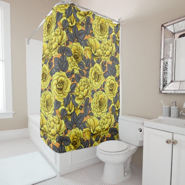 Yellow roses with gray leaves on orange shower curtain (In Situ)