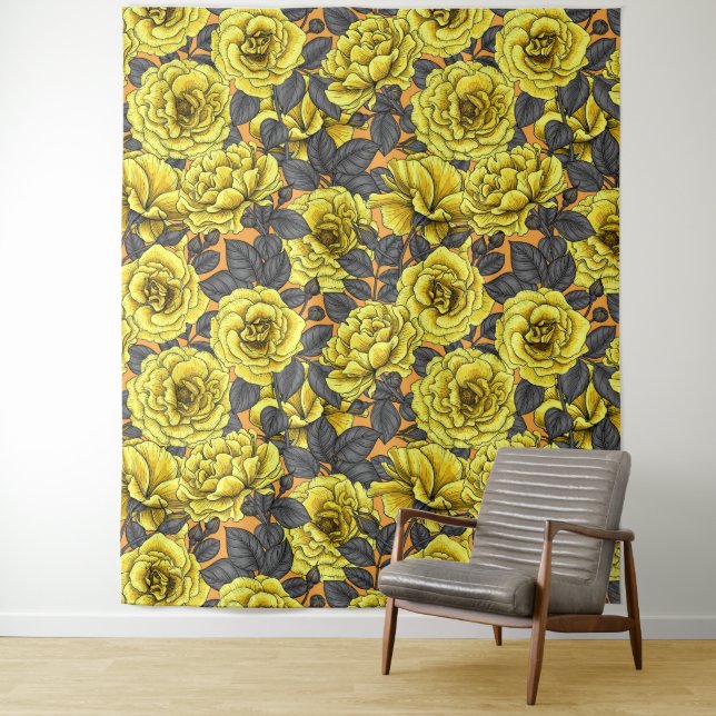 Yellow roses with gray leaves on orange tapestry (In Situ)