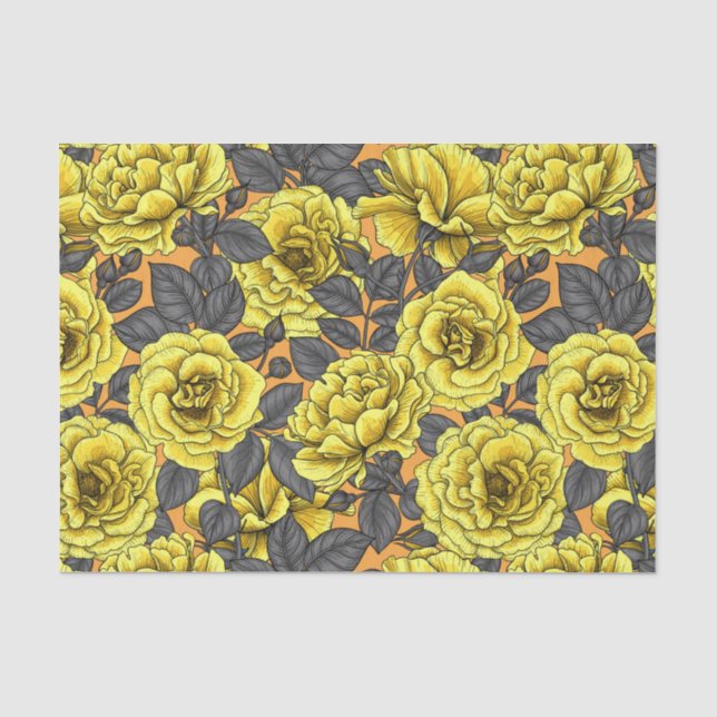 Yellow roses with gray leaves on orange tissue paper (Front)