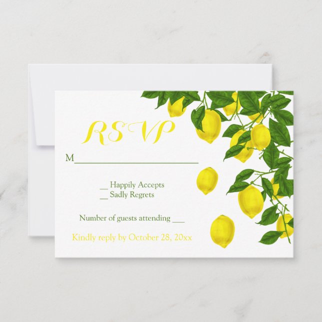 Yellow RSVP Watercolor Lemons Green Wedding (Front)