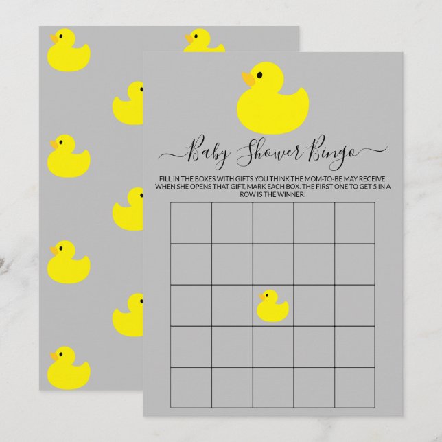 Yellow Rubber Duck Baby Shower Bingo Card (Front/Back)