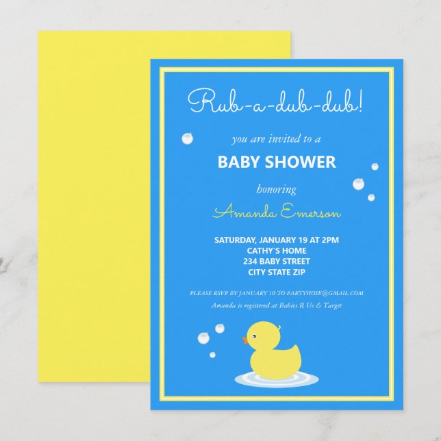 Yellow Rubber Duck Baby Shower Invitation (Front/Back)